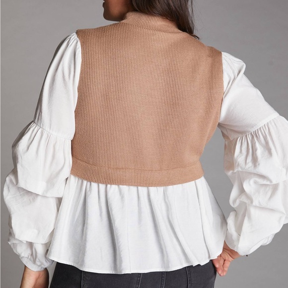 Anthropologie Tan and Off-White Layered Knit Sweater Blouse with Puffy Sleeves - Picture 4 of 5